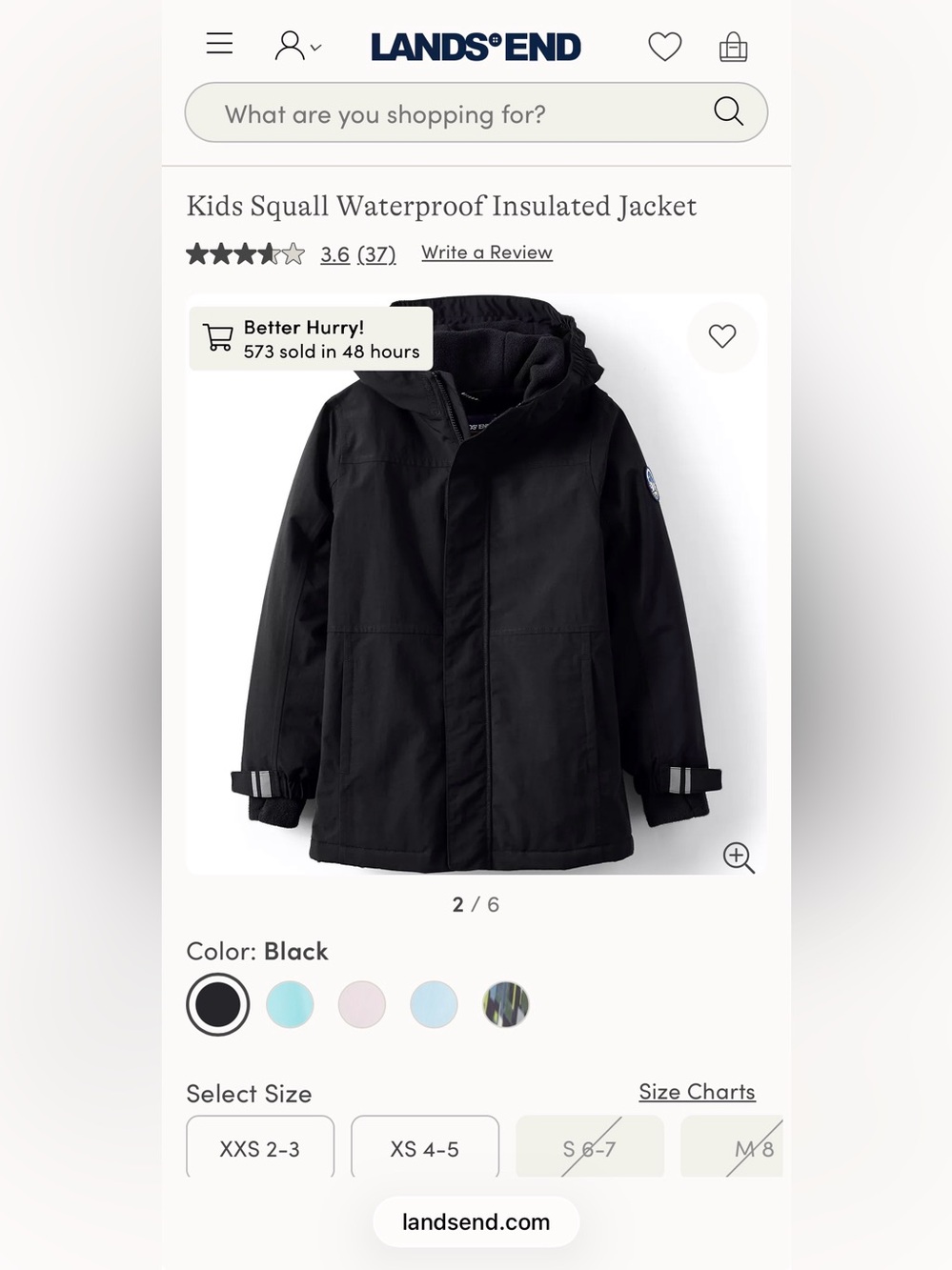 Lands' End Kids Black Squall Waterproof Insulated Puffer Jacket, size L, EUC